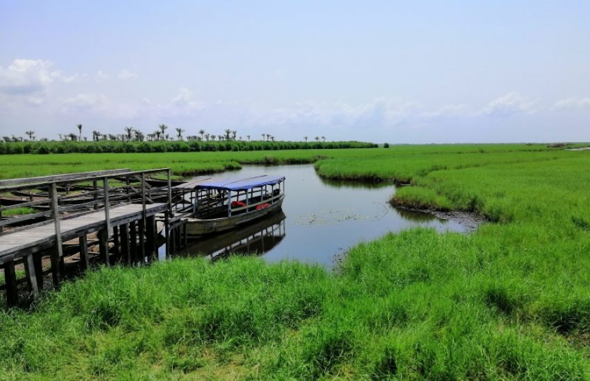Boat in a river in a green landscape. Photo by Elke Praagman