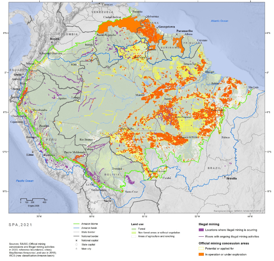Official mining concessions and illegal activities in the Amazon region in 2021. 